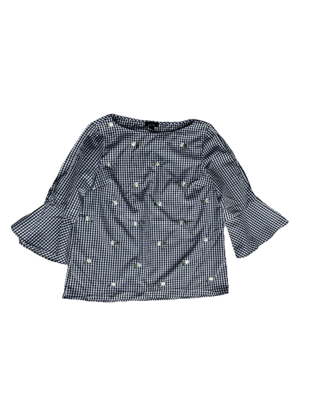 Alyx Black White Gingham Daisy Embroidered Split Bell Sleeve Top